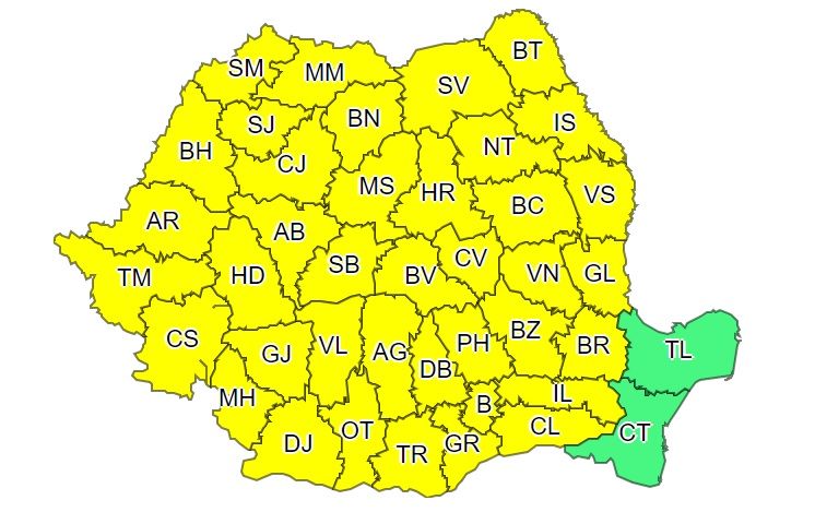COD GALBEN de precipitații abundente, vijelii și grindină pentru județul Vaslui