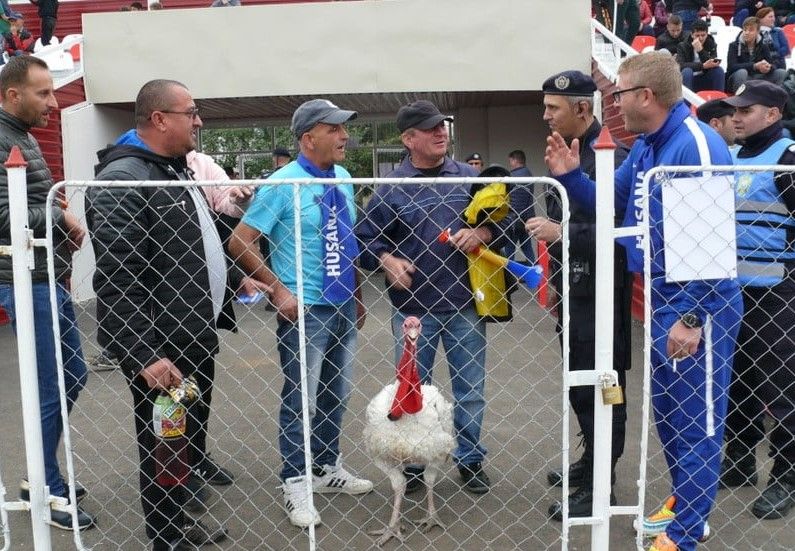 Un hușean a venit cu curcanul pe stadion