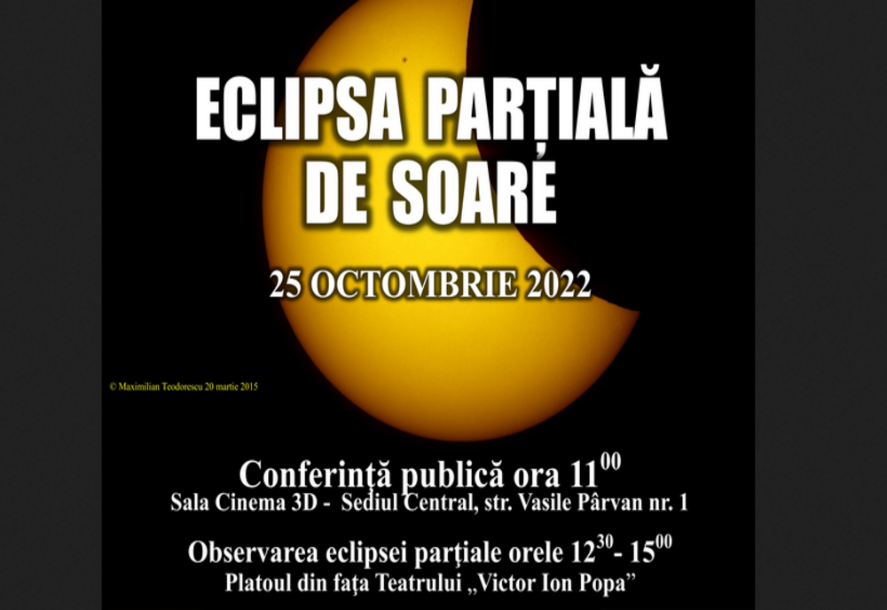 Eclipsa parţială de Soare din 25 octombrie 2022 va putea fi observată și de la Bârlad