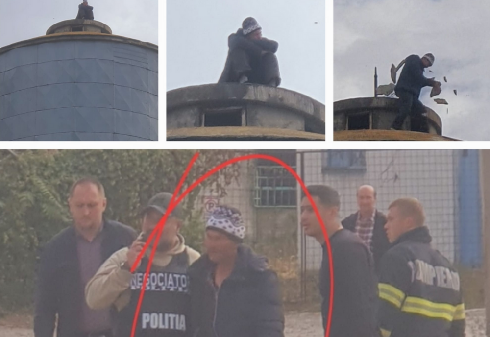 VIDEO. Un bărbat din Bârlad a aruncat cu pietre în negociatorul care voia să-l salveze de pe un turn înalt de 30 de metri