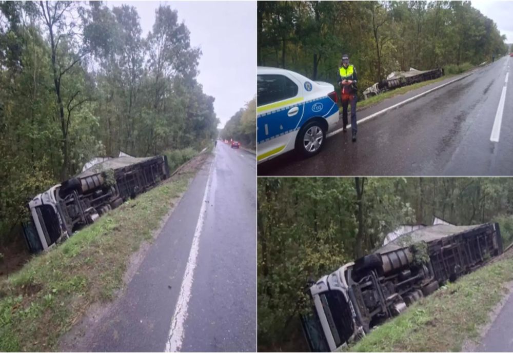 TIR ÎNCĂRCAT CU PUI, RĂSTURNAT PE DN 24, ÎN JUDEȚUL VASLUI. ȘOFERUL A FUGIT DE LA LOCUL ACCIDENTULUI 