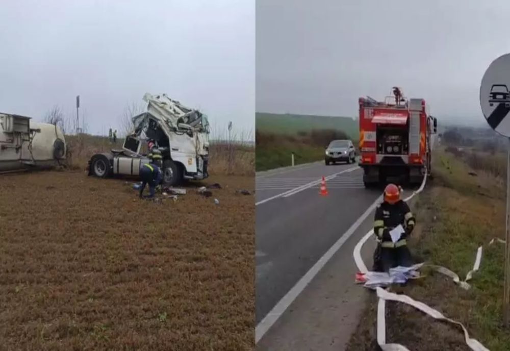 Alertă în județul Vaslui. O cisternă încărcată cu 25 de tone de motorină s-a răsturnat între Huși și Albița