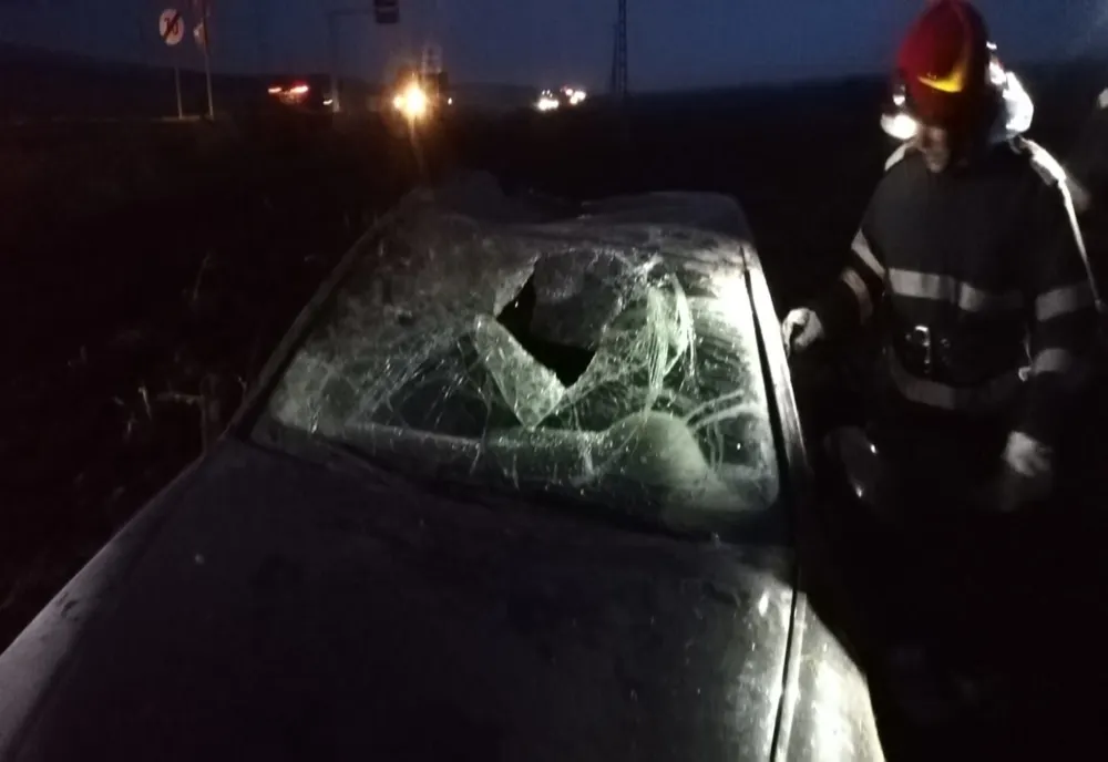 Un autoturism scăpat de sub control a rupt o bornă kilometrică și un indicator, apoi s-a răsturnat pe câmp