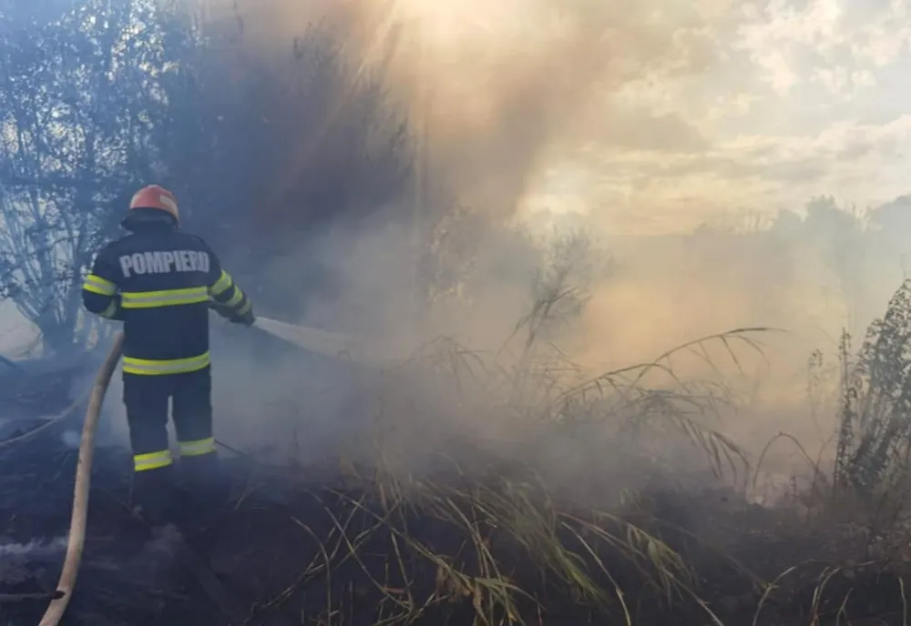 Incendiu de amploare în comuna Alexandru Vlahuță. Pompieri chemați de acasă să ajute la stingere