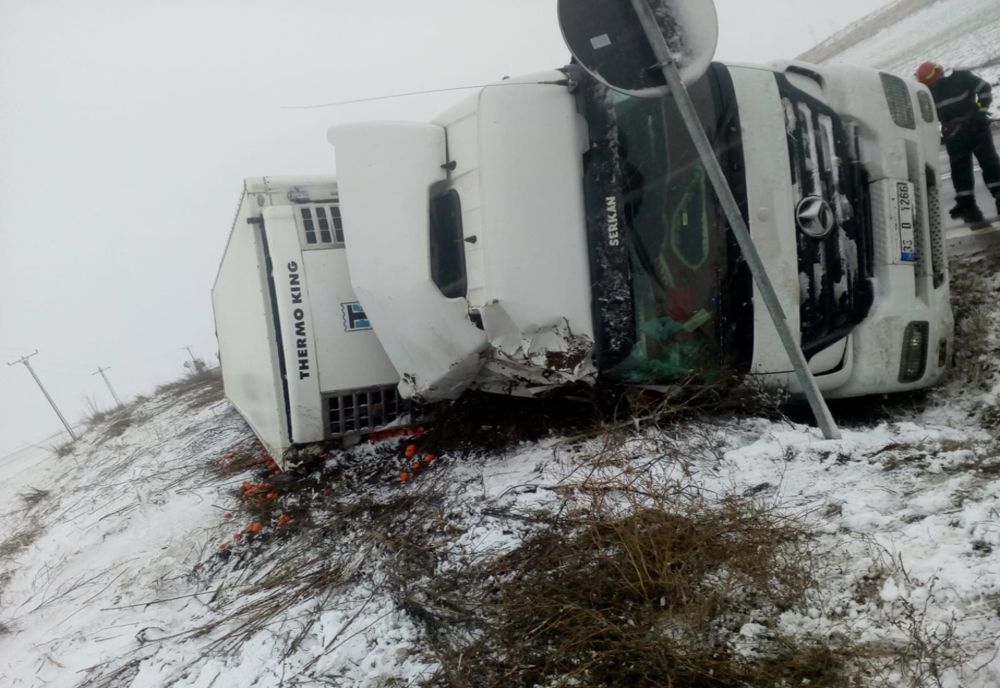 Un TIR cu citrice s-a răsturnat lângă marginea Drumului European, în apropiere de Stâna Costești
