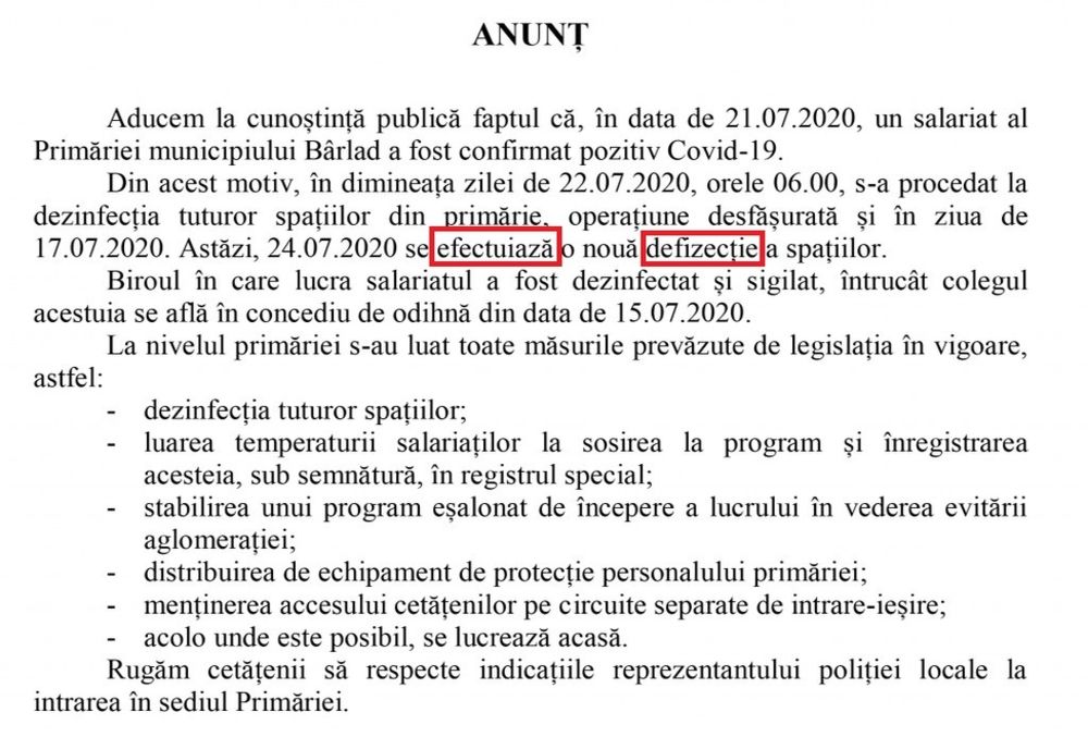 Angajat din Primăria Bârlad, infectat cu Covid19: „Astăzi se EFECTUIAZĂ o nouă DEFIZECȚIE a spațiilor.”