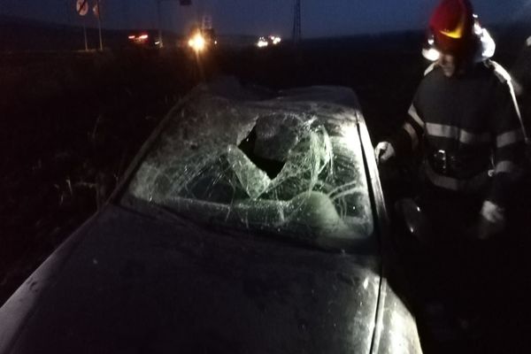 Un autoturism scăpat de sub control a rupt o bornă kilometrică și un indicator, apoi s-a răsturnat pe câmp