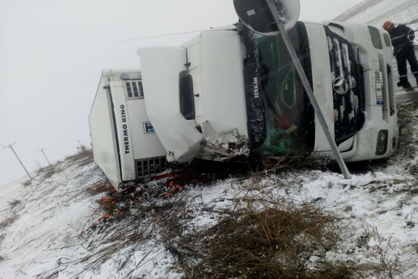Un TIR cu citrice s-a răsturnat lângă marginea Drumului European, în apropiere de Stâna Costești