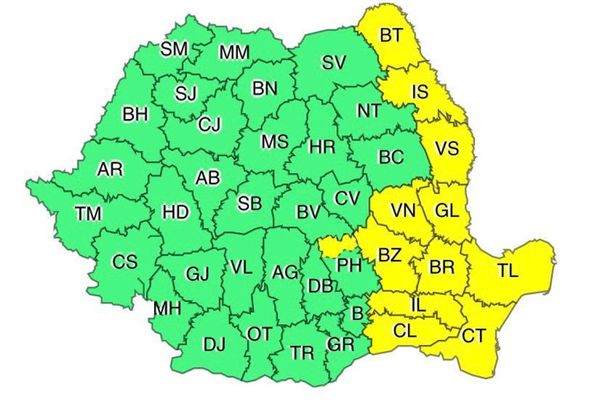 COD GALBEN în Vaslui: averse, grindină, vijelii, descărcări electrice