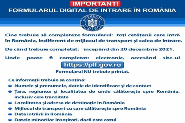 Persoanele care intră în țară trebuie să completeze formularul digital de intrare în România 