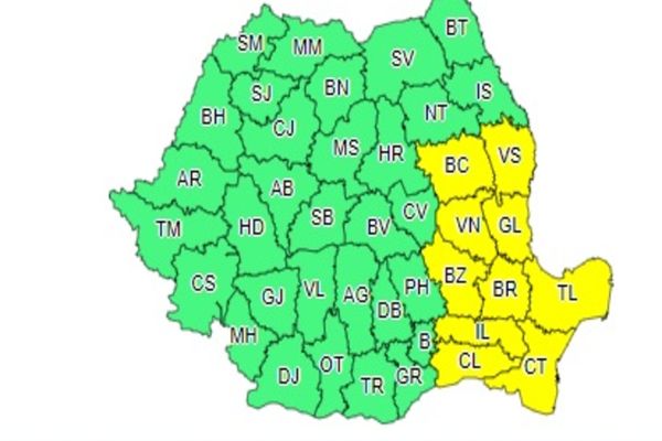 Zece judeţe vor intra sub atenţionare Cod galben de vânt puternic, de la ora 11:00