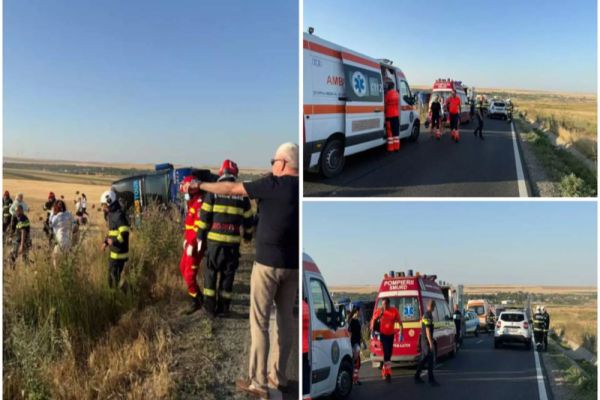 ACCIDENT GRAV ÎN CONSTANȚA: AUTOCAR CU 60 DE CĂLĂTORI RĂSTURNAT LA TARIVERDE. A FOST ACTIVAT PLANUL ROȘU DE INTERVENȚIE